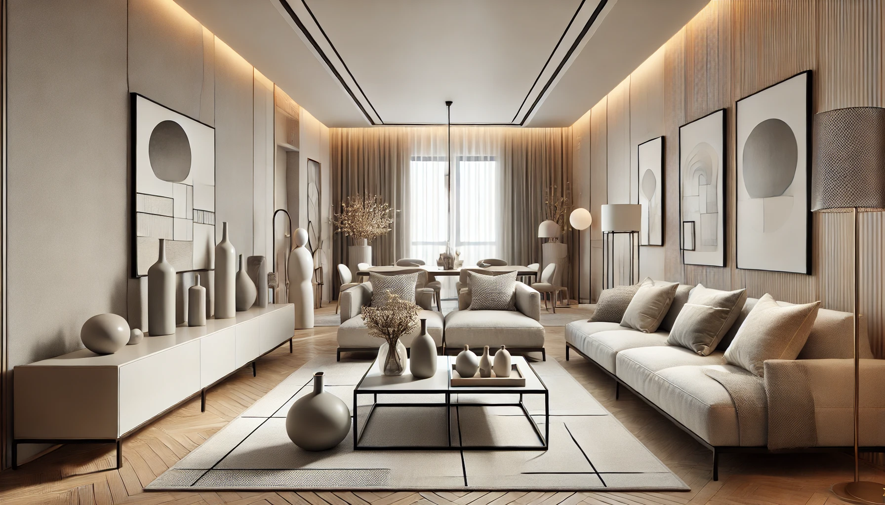 A modern living room showcasing minimalist furniture and contemporary knick-knacks. The room features neutral tones on the walls and ceiling, sleek fu