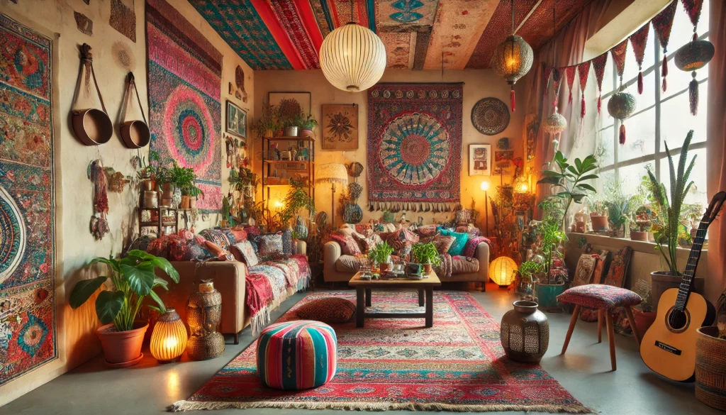 A bohemian living room featuring eclectic furniture and colorful knick-knacks. The room has vibrant colors on the walls and ceiling, patterned textile