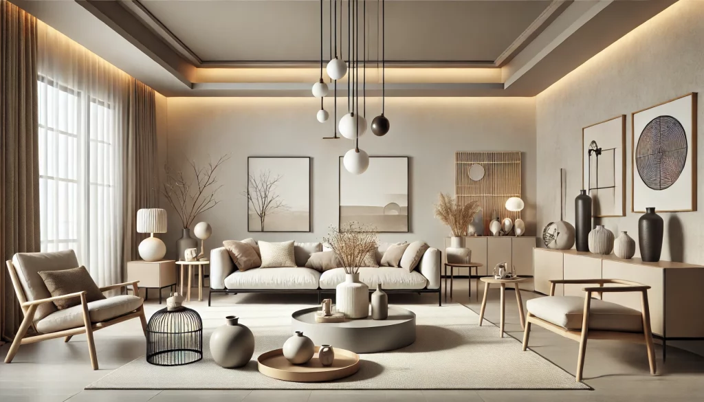 A living room with neutral-toned walls and ceiling featuring minimalist furniture and a variety of contemporary knick-knacks. The room includes sleek