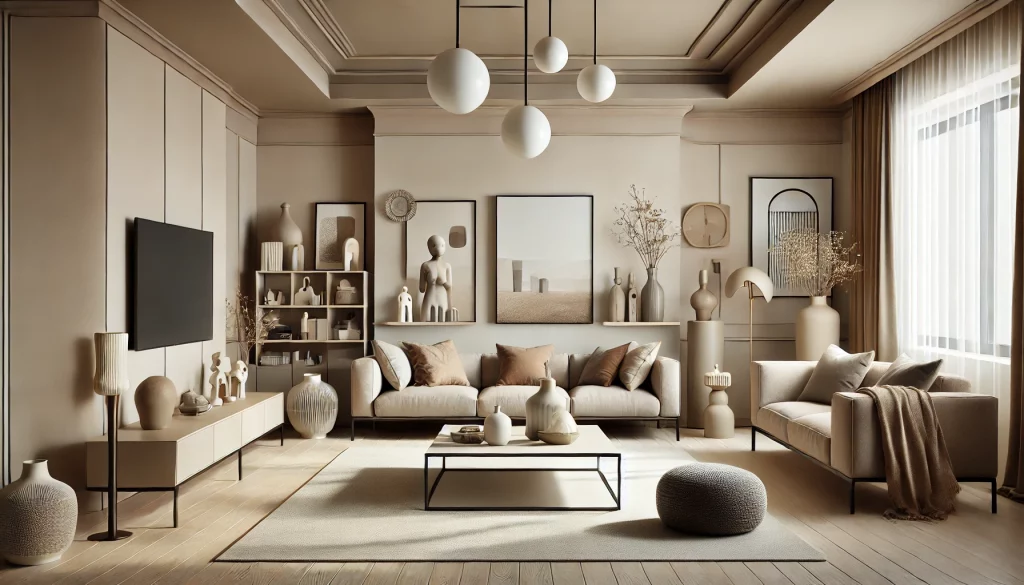 A living room with neutral-toned walls and ceiling featuring minimalist furniture and a variety of contemporary knick-knacks. The room includes sleek