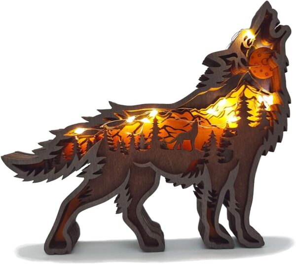 Wooden Wolf Decor With Lighted Sculpture Charm